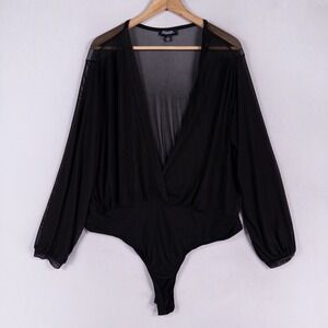 Rouge Collection Bodysuit Womens 2X Black Sheer Mesh Deep V Neck Stretch Sexy